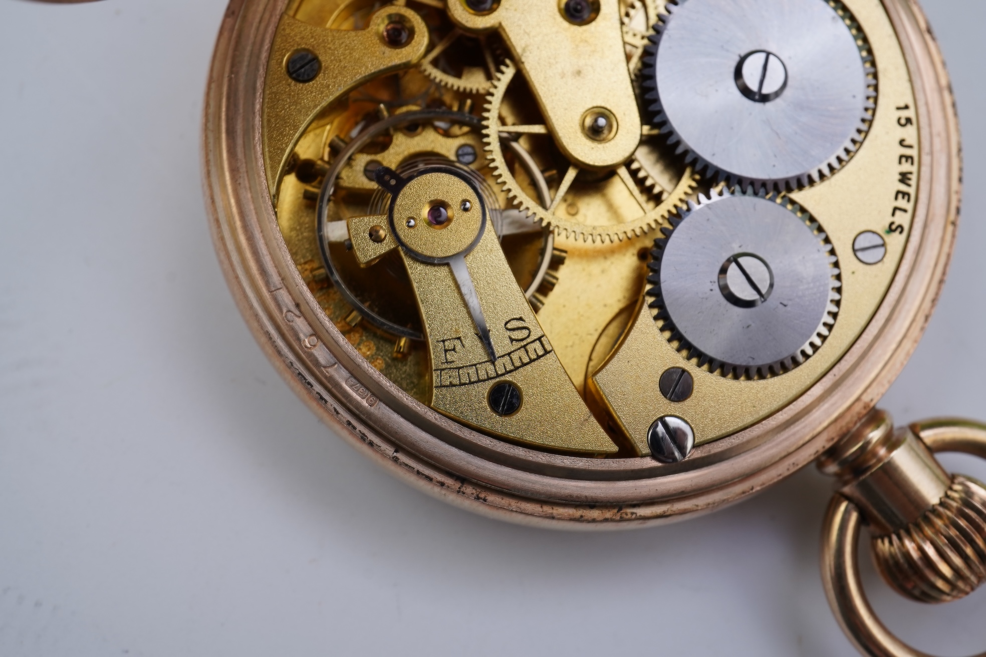 A George V 9ct gold J. W. Benson open faced keyless pocket watch